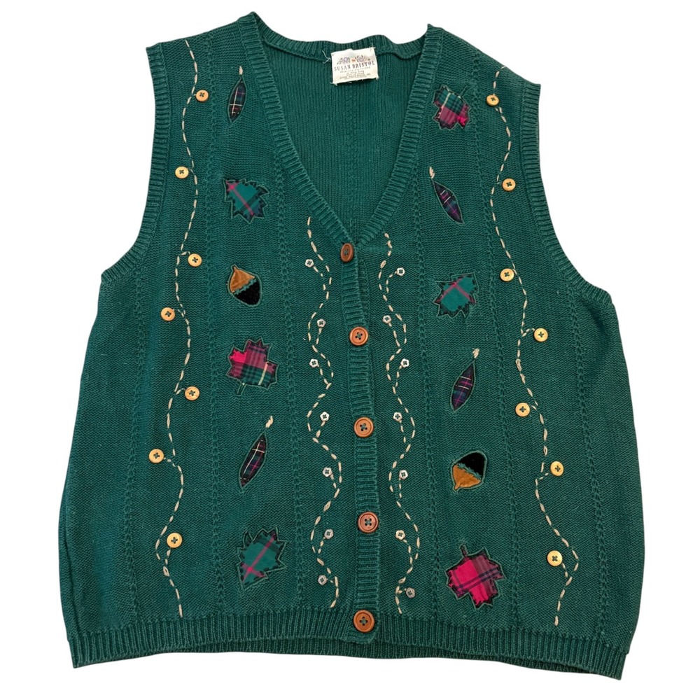Susan Bristol Womens L Sweater Vest Green Vintage 90s Embroidered Leaf Fall